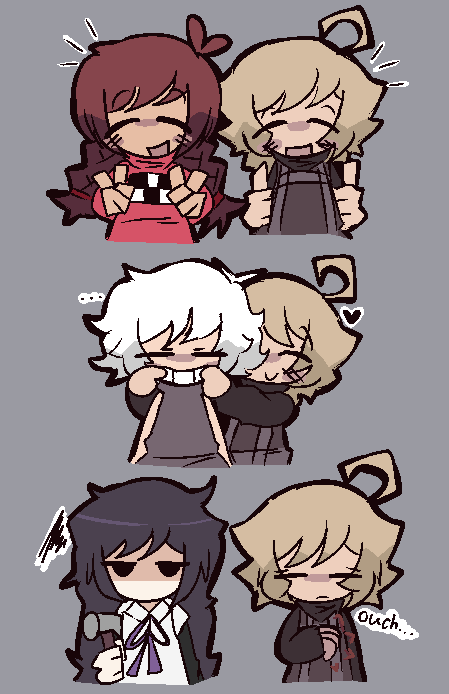 .flow 4girls ahoge black_eyes black_sleeves blonde_hair braid brown_hair chibi closed_eyes closed_mouth collared_shirt commentary double_thumbs_up double_v english_commentary english_text fingers_on_another&#039;s_face grey_background grey_sweater hammer heart holding holding_hammer jaggy_lines madotsuki mob_face multiple_girls no_mouth open_mouth pink_sweater plaid_clothes plaid_sweater print_sweater purple_hair purple_ribbon purple_sweater ribbon sabitsuki shaded_face shirt short_hair simple_background smile solid_oval_eyes sometsuki squiggle sweater tacoman thumbs_up twin_braids ultra_violet_(game) upper_body urotsuki v white_hair white_shirt yume_2kki yume_nikki