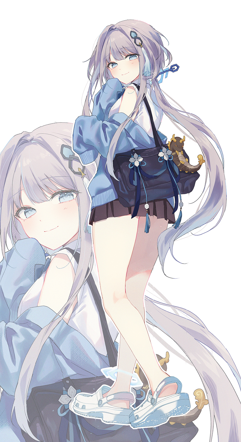 1girl alternate_costume bag blue_eyes blue_jacket brown_skirt closed_mouth from_behind full_body genshin_impact grey_hair guizhong_(genshin_impact) hair_ornament hands_up highres jacket long_hair looking_at_viewer miniskirt school_bag school_uniform shirt silltare simple_background skirt smile standing thighs white_background white_footwear white_shirt zoom_layer