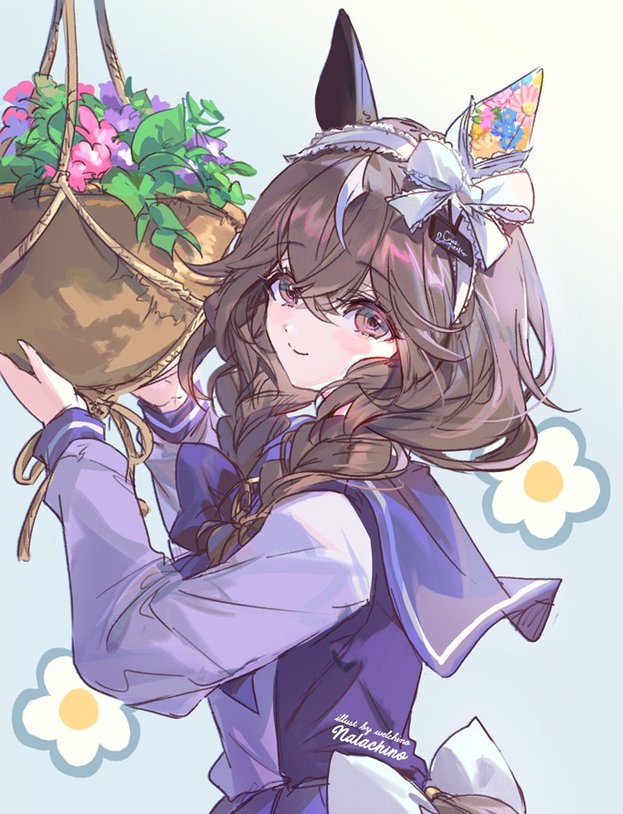 1girl animal_ears blush_stickers bow bowtie braid brown_hair closed_mouth curren_bouquetd&#039;or_(umamusume) ear_covers flower hairband hanging_plant horse_ears horse_girl horse_tail long_hair looking_at_viewer looking_to_the_side purple_shirt purple_skirt sailor_collar school_uniform shirt skirt smile solo tail tracen_school_uniform twin_braids umamusume upper_body welchino