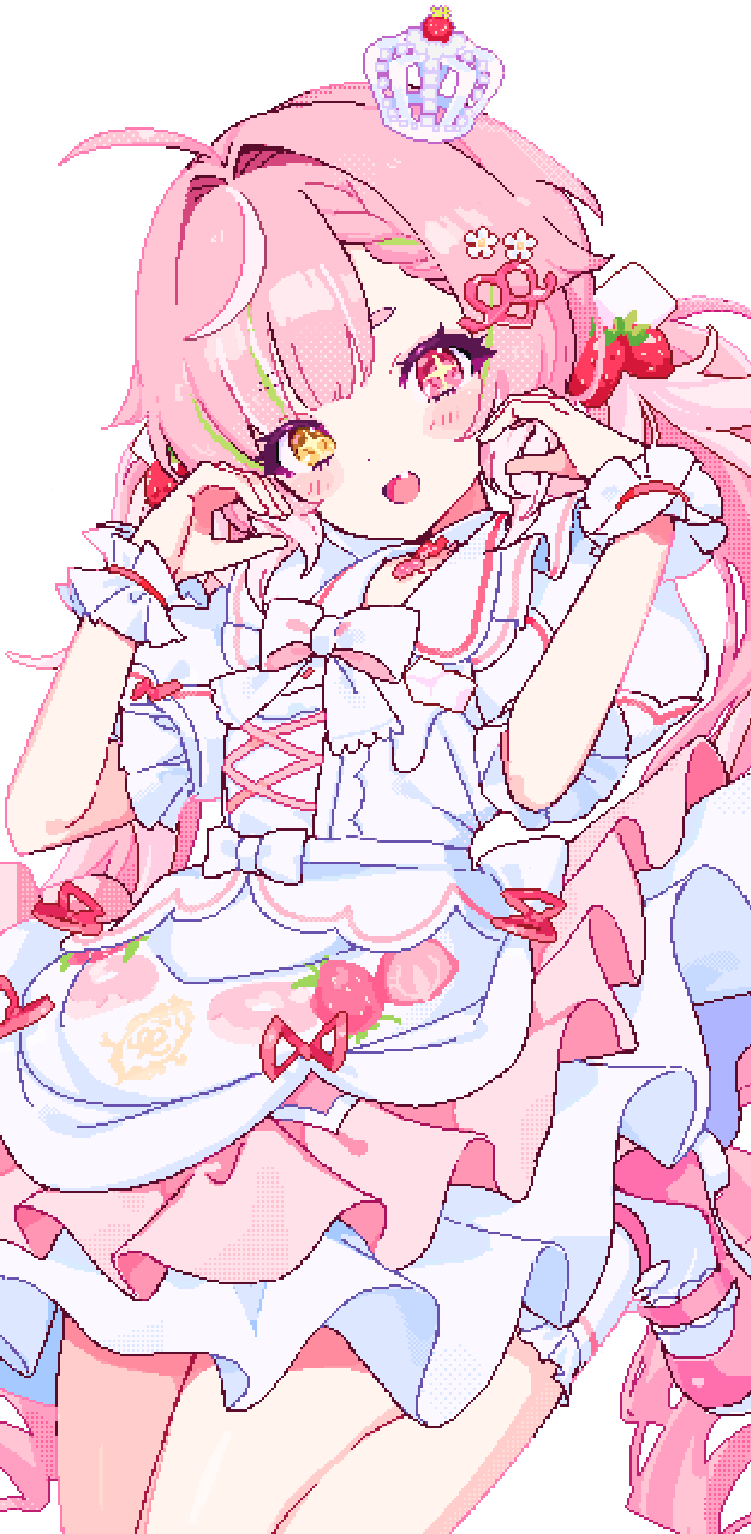 1girl ahoge bow braid braided_bangs choker collared_dress colored_shoe_soles crown dress food-themed_hair_ornament food_print fruit_print fuubuu green_hair hair_intakes hair_ornament heart heart_hands heterochromia highres indie_virtual_youtuber long_hair low_twintails mary_janes mini_crown multicolored_hair pink_eyes pink_hair pixel_art pleated_dress puffy_short_sleeves puffy_sleeves satou_sugu shoes short_braid short_eyebrows short_sleeves simple_background single_braid socks solo strawberry_hair_ornament strawberry_print streaked_hair twintails two-tone_hair very_long_hair virtual_youtuber white_background white_dress white_socks wrist_cuffs yellow_eyes