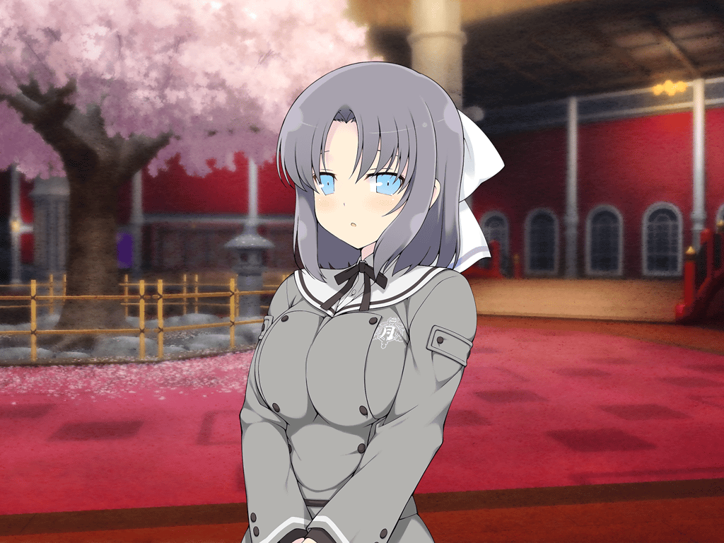1girl :o architecture blue_eyes blush bow breasts bridge buttons cherry_blossoms cherry_tree double-breasted east_asian_architecture gessen_academy_school_uniform grey_hair grey_shirt hair_bow indoors large_breasts long_sleeves looking_at_viewer official_art open_mouth plant red_carpet rock school school_emblem school_uniform senran_kagura senran_kagura_new_link senran_kagura_shinovi_versus shirt short_hair solo stone_lantern tree upper_body white_bow window yaegashi_nan yumi_(senran_kagura)
