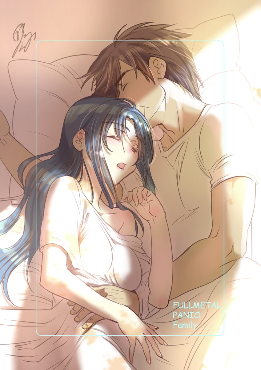 1boy 1girl black_hair blue_hair chidori_kaname closed_eyes copyright_name couple cross_scar dark_blue_hair facial_scar full_metal_panic! long_hair off_shoulder open_mouth pillow sagara_sousuke scar scar_on_cheek scar_on_face shikidouji shirt short_hair signature single_bare_shoulder sleeping under_covers white_shirt