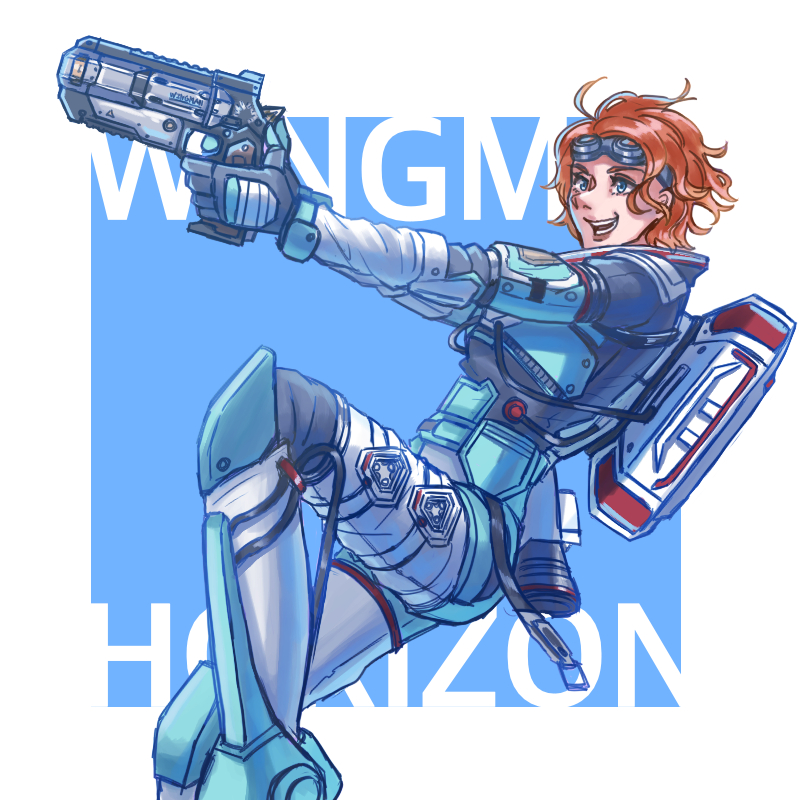 1girl apex_legends b3_wingman black_gloves blue_background blue_eyes brown_hair cable character_name gloves goggles goggles_on_head gun handgun holding holding_gun holding_weapon horizon_(apex_legends) looking_ahead mikepo open_mouth revolver short_hair smile solo spacesuit weapon weapon_name