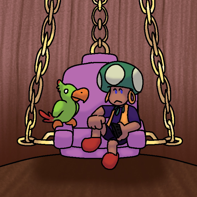 1boy animal bird black_shorts blue_eyes chain claus-trophobe controller dark-skinned_male dark_skin earrings fun_gus hand_on_own_knee holding holding_remote_control hoop_earrings jewelry looking_at_viewer male_focus mario_(series) mario_party mario_party_1 necklace nintendo orange_shoes parrot pearl_necklace pet purple_shirt remote_control shirt shoes shorts sitting solo tan toad_(mario)