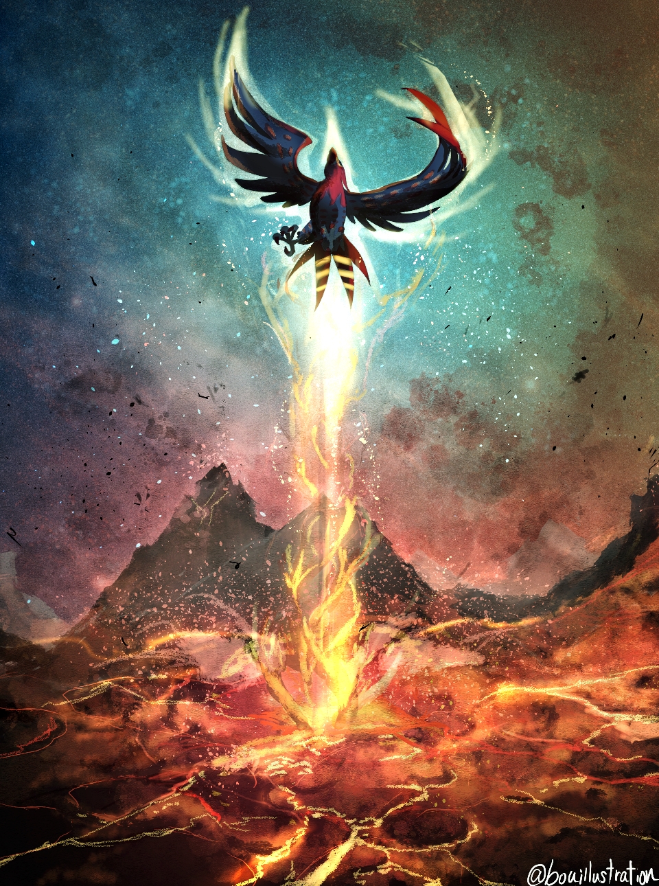 animal_focus bird bo_(bouillustration) commentary embers fire flying full_body gen_6_pokemon highres lava mountainous_horizon nintendo no_humans outdoors pokemon pokemon_(creature) pokemon_focus sky smoke solo talonflame twitter_username