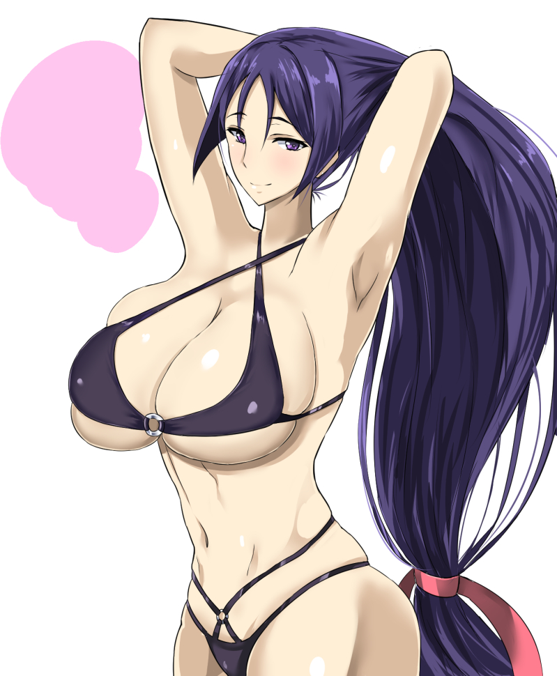 1girl adjusting_hair armpits arms_up bad_proportions bare_arms bare_shoulders bikini breasts fate/grand_order fate_(series) hairband large_breasts long_hair looking_at_viewer low-tied_long_hair minamoto_no_raikou_(fate) minamoto_no_raikou_(fate/grand_order) minamoto_no_raikou_(swimsuit_lancer)_(fate) ponytail purple_bikini purple_eyes purple_hair smile solo stomach swimsuit takara_joney very_long_hair