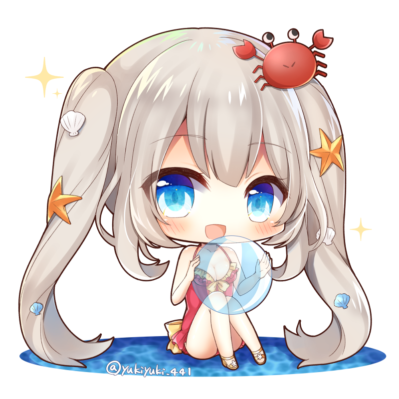 1girl :d animal ball bare_arms bare_shoulders beachball blue_eyes blush breasts chibi cleavage commentary_request crab fate/grand_order fate_(series) female_focus hair_between_eyes hair_ornament holding holding_ball long_hair looking_at_viewer marie_antoinette_(fate) marie_antoinette_(swimsuit_caster)_(first_ascension)_(fate) medium_breasts one-piece_swimsuit open_mouth red_one-piece_swimsuit sandals shell_hair_ornament silver_hair sitting smile solo sparkle starfish_hair_ornament swimsuit transparent twintails very_long_hair white_background yukiyuki_441