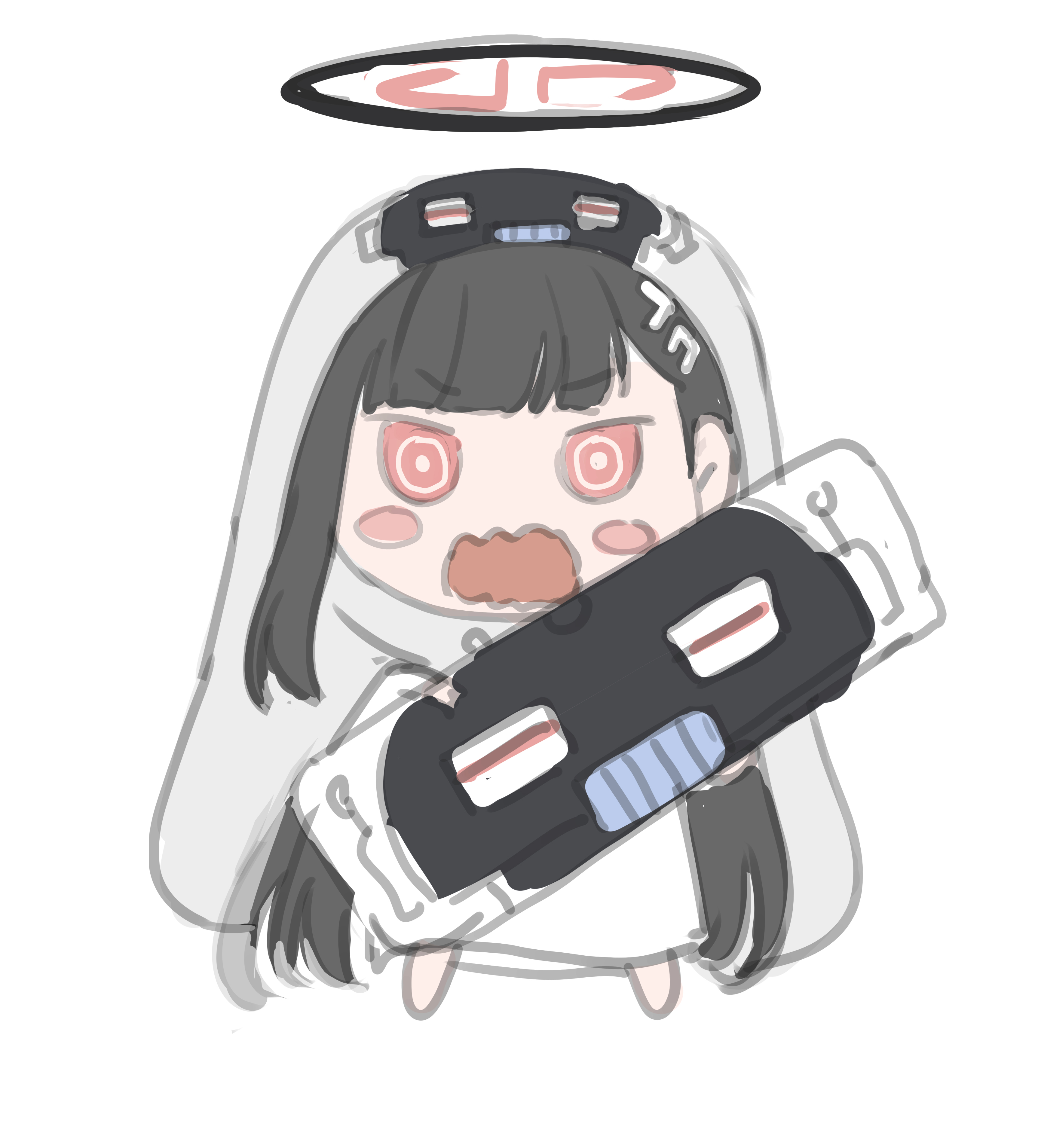 1girl absurdres avant_garde_(blue_archive) black_hair black_halo blue_archive bright_pupils cosplay dakimakura_(object) hair_ornament hairclip hairpin halo highres himouto!_umaru-chan holding holding_pillow hugging_object komaru_(himouto!_umaru-chan) komaru_(himouto!_umaru-chan)_(cosplay) long_hair open_mouth pillow pillow_hug red_eyes rio_(blue_archive) sketch solo very_long_hair wavy_mouth white_background white_pupils yuki_(asayuki101)