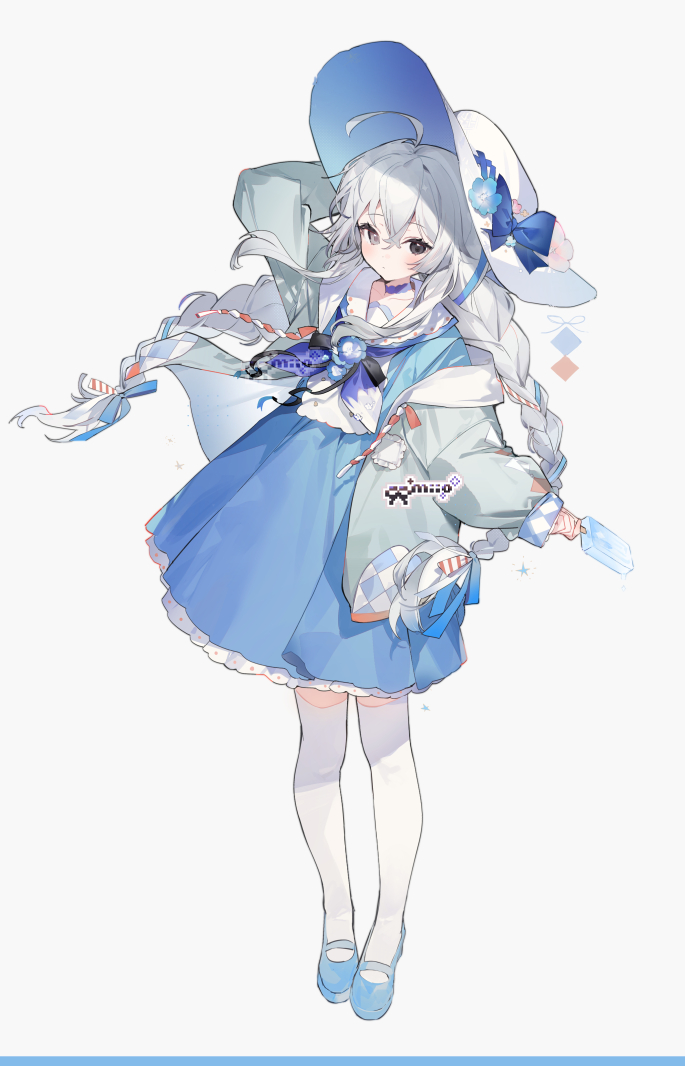1girl ahoge arin_(fanfan013) arm_behind_head black_eyes blue_bow blue_dress blue_flower blue_ribbon blue_shoes bow bowtie braid coat dress flower food full_body grey_coat grey_eyes hair_between_eyes hair_ribbon hat hat_bow hat_flower holding holding_food holding_ice_cream hood hooded_coat ice_cream long_hair long_sleeves mary_janes open_clothes original parfait pink_flower ribbon sailor_collar shoes sleeves_past_wrists solo standing sun_hat thighhighs twin_braids twintails two-sided_coat two-sided_fabric white_background white_hair white_thighhighs