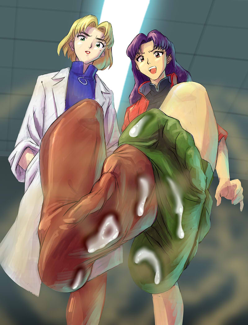2girls akagi_ritsuko cum cum_on_body cum_on_feet katsuragi_misato multiple_girls neon_genesis_evangelion pantyhose pii_(taromura) smell sock