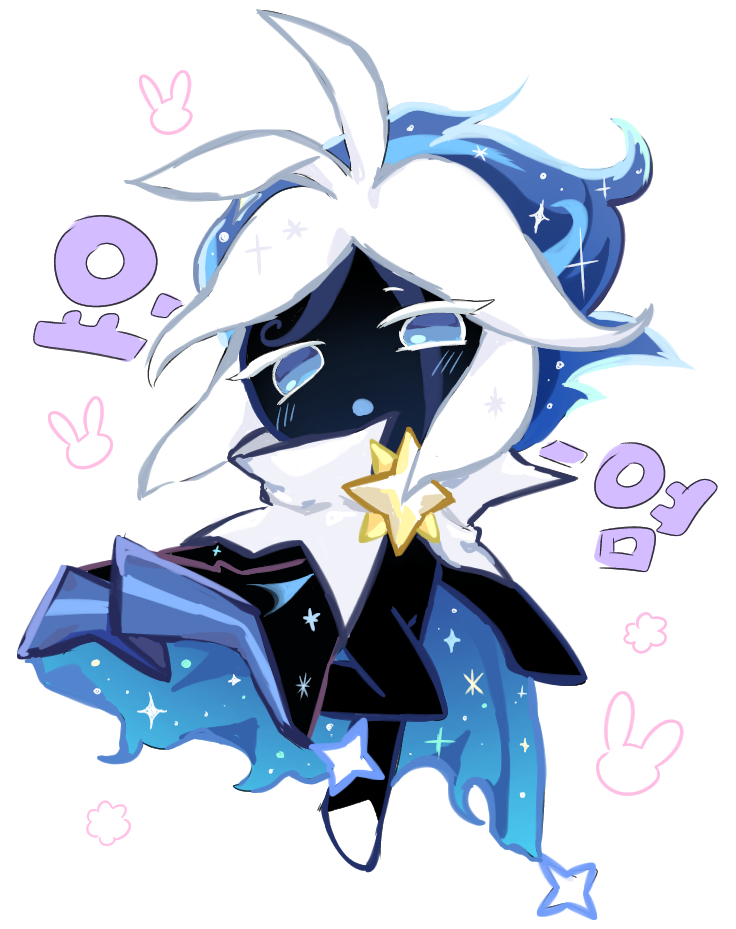 1boy :o ahoge animal_print arm_up black_cape black_skin blue_cape blue_eyes blue_hair blue_ribbon blue_tattoo blue_trim blush cape collar colored_eyelashes colored_skin comet commentary cookie_run cookie_run:_kingdom dark_blue_hair dbrs facial_mark facial_tattoo floating_cape floating_hair full_body gold half-closed_eyes head_tilt in_air looking_at_viewer male_focus marking_on_forehead midair multicolored_hair one_leg_raised open_mouth rabbit_print ribbon shoes short_hair sidelocks simple_background solo sparkle sparkle_print star_(symbol) star_ornament stardust_cookie swirl tagme tattoo translucent_hair white_background white_collar white_eyelashes white_hair white_shoes