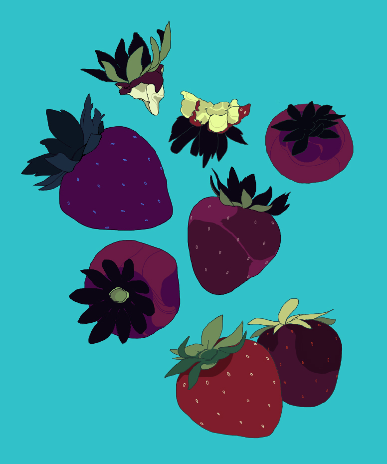 aqua_background berry bitten blue_background blue_light food food_bite food_focus fruit leaf no_humans original simple_background strawberry victoria_joh