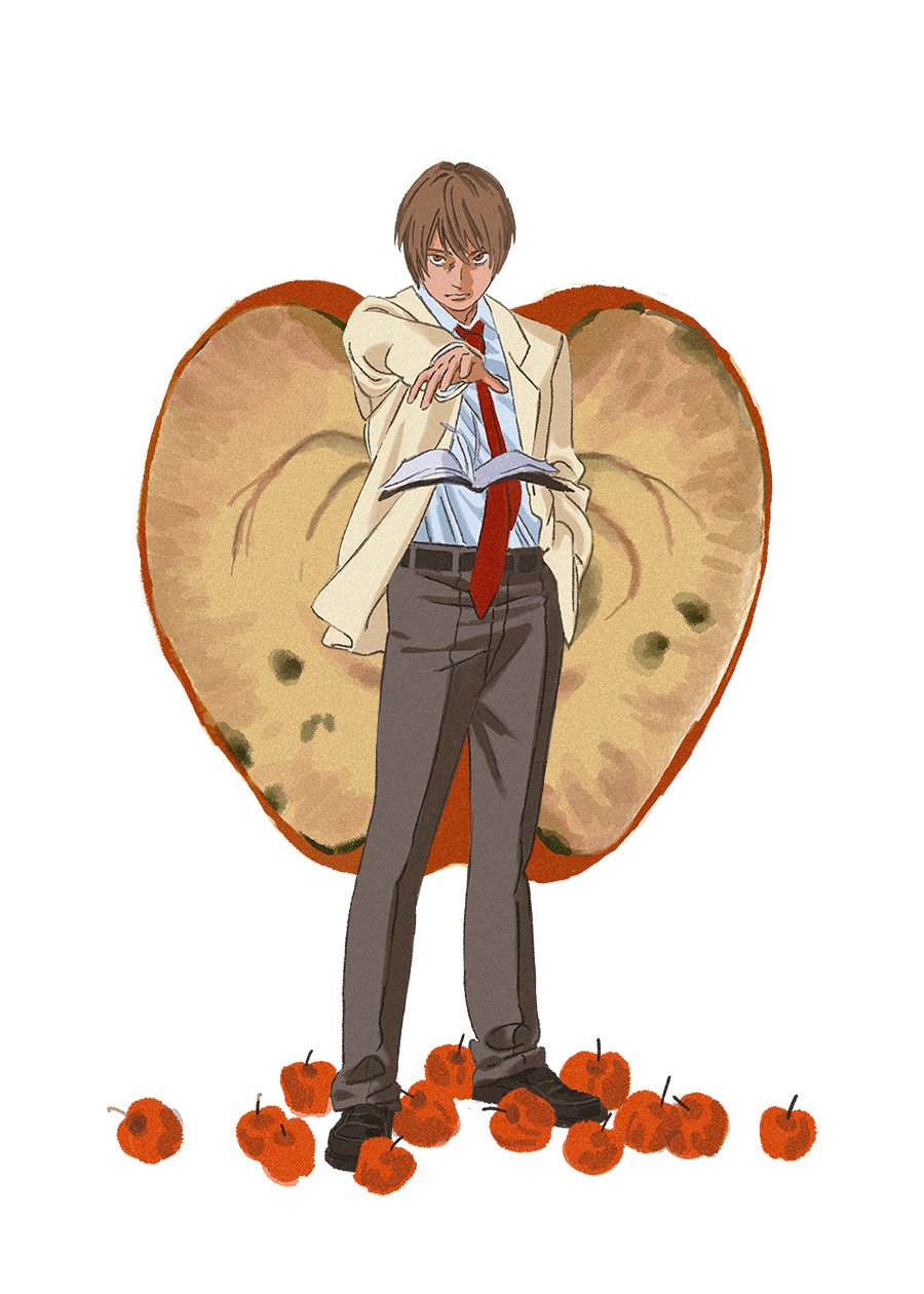 1boy amber389 apple black_footwear brown_hair collared_shirt death_note death_note_(object) food fruit grey_pants hand_in_pocket highres jacket looking_at_viewer male_focus necktie outstretched_hand pants apple red_necktie school_uniform shirt short_hair solo white_background white_shirt yagami_light yellow_jacket