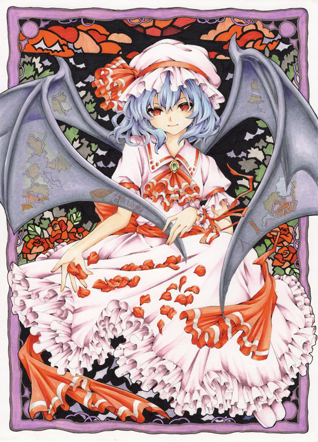 1girl ascot bad_id bad_pixiv_id bat_(animal) bat_wings blue_hair border brooch female_focus flower hat hat_ribbon jewelry light_smile looking_at_viewer mob_cap olmatown petals red_eyes remilia_scarlet ribbon rose sash short_hair skirt skirt_set solo touhou wing_hold wings