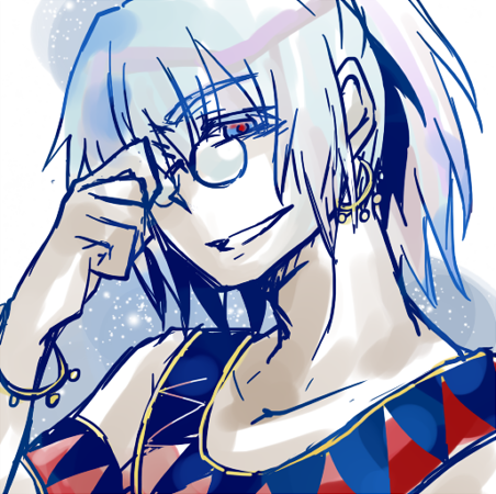 1boy cosmic_horror ear_piercing earrings eldritch_abomination eternal_darkness:_sanity&#039;s_requiem glasses jewelry looking_at_viewer lowres nintendo open_mouth personification piercing red_eyes revealing_clothes silicon_knights simple_background smirk teeth tohfujisima ulyaoth white_background white_hair