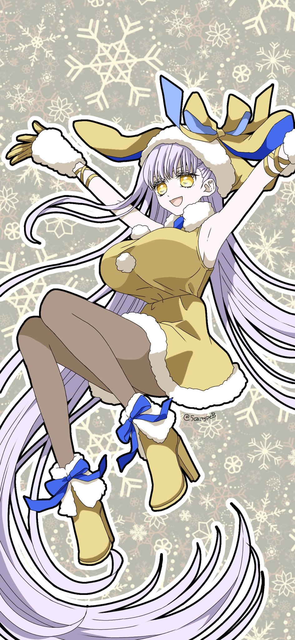 1girl 5ca_typeb :d absurdly_long_hair alternate_costume ankle_boots arm_out_of_frame armpits arms_up bb_(fate) black_outline blue_ribbon boots breasts brown_pantyhose christmas commentary_request dress fate/grand_order fate_(series) footwear_ribbon fur-trimmed_boots fur-trimmed_headwear fur_trim gloves golden_bb_(fate) high_heel_boots high_heels highres huge_breasts large_breasts legs long_hair open_mouth outline pantyhose pom_pom_(clothes) purple_hair ribbon ribbon-trimmed_headwear ribbon_trim santa_costume santa_dress sleeveless sleeveless_dress smile snowflake_background solo two-sided_ribbon very_long_hair white_outline yellow_boots yellow_dress yellow_eyes yellow_gloves yellow_ribbon