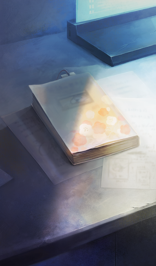 book book_focus bookmark commentary fate/grand_order fate_(series) floral_print flower grey_background indoors ninmaru_(lasengle) no_humans official_art paper poppy_(flower) still_life third-party_source