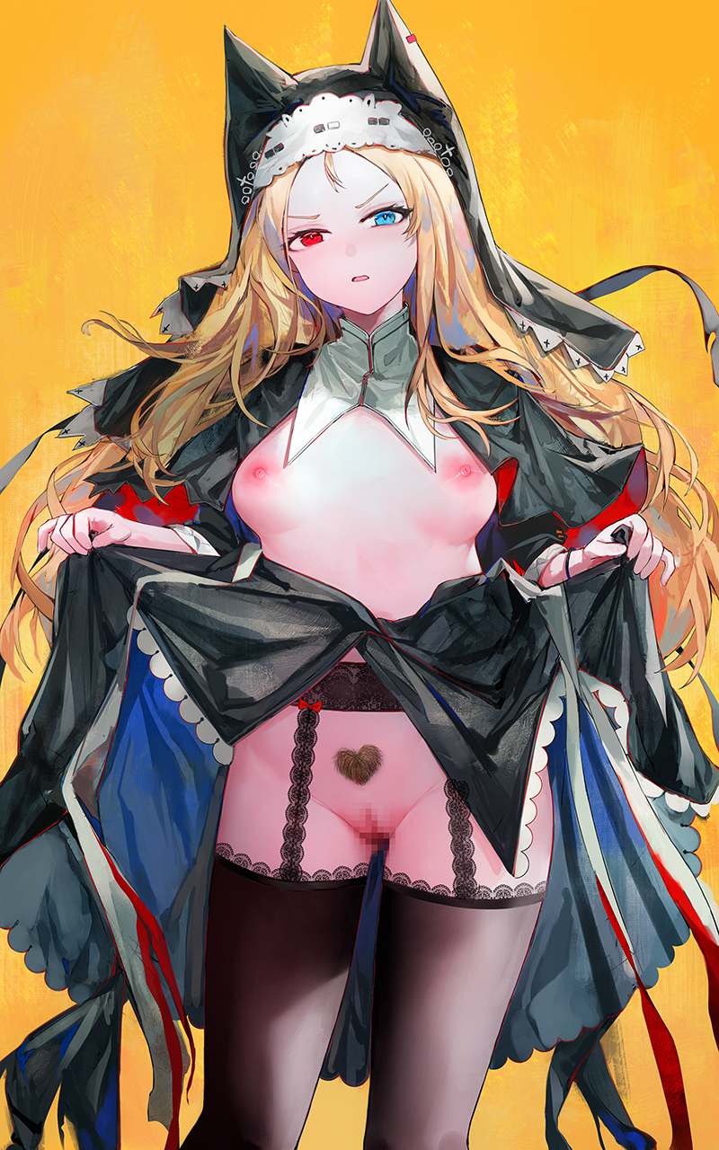 1girl archetto_(arknights) archetto_(glory_of_the_devout)_(arknights) arknights black_thighhighs blonde_hair blue_eyes blush bow breasts clothes_lift commentary_request feet_out_of_frame female_pubic_hair forehead garter_belt heart-shaped_pubic_hair heterochromia highres lace lace-trimmed_thighhighs lace_trim lifting_own_clothes lingerie long_hair long_sleeves looking_at_viewer nipples no_panties nun official_alternate_costume open_mouth orange_background pubic_hair red_bow red_eyes shaped_pubic_hair shrug_(clothing) simple_background skirt skirt_lift small_breasts solo standing thighhighs underwear v-shaped_eyebrows veil very_long_hair yuuki_mix