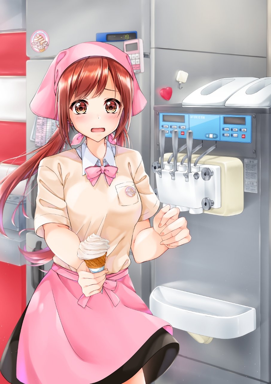1girl bad_anatomy bad_hands black_skirt blush bow breasts brown_eyes brown_hair female_focus food heart highres ice_cream ice_cream_cone indoors long_hair looking_at_viewer low_twintails magnet md5_mismatch medium_breasts mini_dang01 original parted_bangs pink_bow pink_headwear pocket refrigerator_magnet resolution_mismatch skirt soft_serve solo source_larger standing twintails