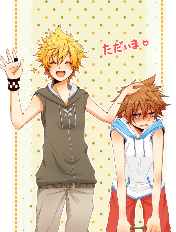 2boys alternate_costume blonde_hair blue_eyes blush brown_hair brown_pants bunta01 closed_eyes green_jacket hand_on_another&#039;s_head hand_up happy holding hood hood_down hooded_jacket hoodie jacket kingdom_hearts kingdom_hearts_ii lace_background leaning_forward male_focus multiple_boys nose_blush open_mouth outline pants polka_dot polka_dot_background red_pants roxas short_hair sleeveless sleeveless_hoodie sleeveless_jacket smile sora_(kingdom_hearts) sparkle spiked_hair translation_request upper_body waving white_jacket white_outline wristband yellow_background zipper