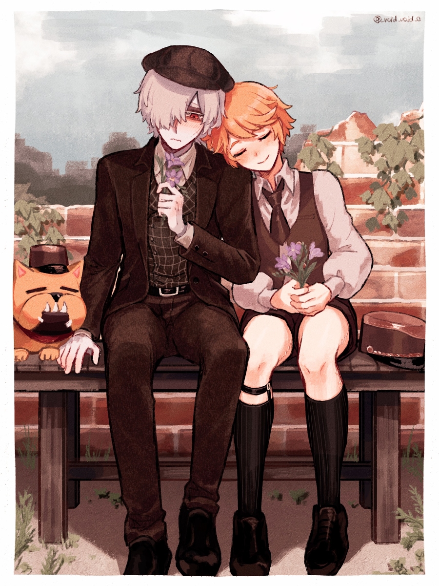 2boys albino andrew_kreiss black_footwear black_hat blazer blush closed_eyes closed_mouth collared_shirt cross_scar dog flower hat highres holding holding_flower identity_v iris_(flower) jacket kneehighs leaning_on_person legwear_garter looking_down multiple_boys necktie open_clothes open_jacket orange_hair red_eyes scar scar_on_face shirt shorts sitting socks tendenbarabara vest victor_grantz white_hair wick_(identity_v) yaoi