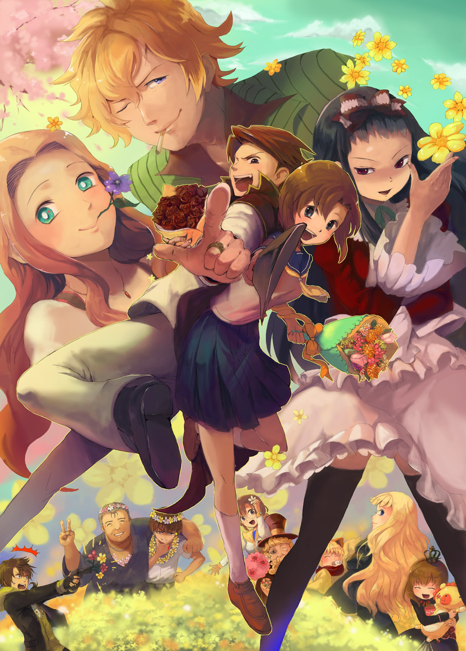 6+boys 6+girls ^^^ animal_ears beatrice_(umineko) black_hair blonde_hair blue_eyes bouquet brown_hair cape cherry_blossoms cigarette cleaver company_connection creator_connection crossover crown dress fang field flower flower_field flower_necklace furutachirikonbu glasses grey_hair gun haibara_rose hair_flower hair_ornament hashitsuki_nata hat head_wreath higanbana_(higanbana_no_saku_yoru_ni) higanbana_no_saku_yoru_ni highres higurashi_no_naku_koro_ni in-franchise_crossover jewelry leo_shishigami maebara_keiichi maria_(umineko) moriya_marie multiple_boys multiple_girls nata_(tool) necklace one_eye_closed ooishi_kuraudo outdoors principal_(higanbana) red_eyes red_hair rose rose_guns_days rose_haibara ryuuguu_rena sakutarou_(umineko) school_uniform shishigami_leo smile stuffed_animal stuffed_lion stuffed_toy thighhighs top_hat uedera_wayne umineko_no_naku_koro_ni ushiromiya_battler ushiromiya_maria v wayne_uedera weapon wink zettai_ryouiki