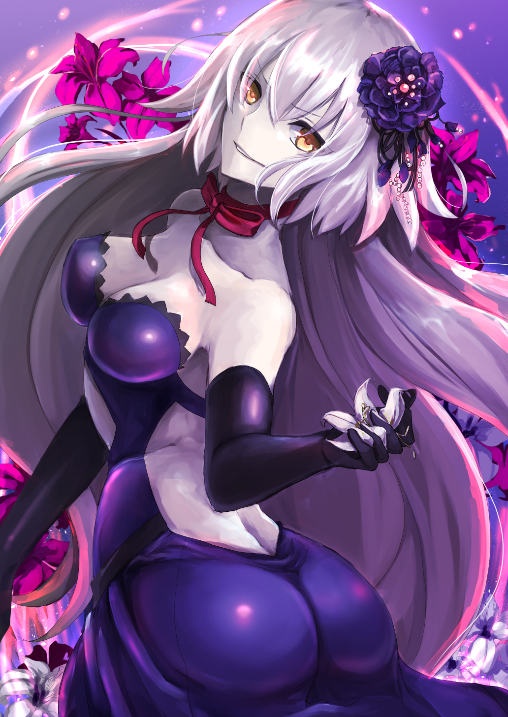 1girl aruti ass breasts choker cleavage clip_studio_paint_(medium) dutch_angle elbow_gloves fate/grand_order fate_(series) flower flower_request gloves grey_hair hair_flower hair_ornament highres holding holding_flower jeanne_d&#039;arc_(fate) jeanne_d&#039;arc_alter_(avenger)_(fate) jeanne_d&#039;arc_alter_(avenger)_(third_ascension)_(fate) jeanne_d&#039;arc_alter_(fate) jeanne_d&#039;arc_alter_(violette_vengeur)_(fate) lily_(flower) long_hair looking_at_viewer medium_breasts official_alternate_costume pixiv_fate/grand_order_contest_2 red_choker red_ribbon ribbon ribbon_choker solo strapless yellow_eyes