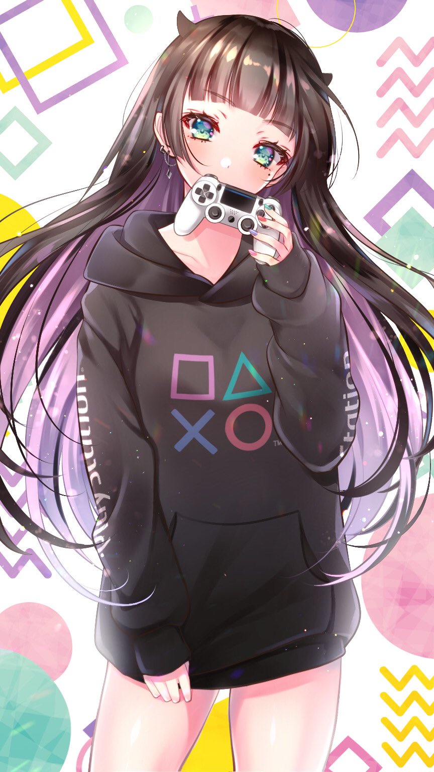 1girl black_hair black_hoodie black_horns blunt_bangs blush collarbone colored_inner_hair commentary_request controller cowboy_shot dualshock earrings floating_hair game_controller gamepad green_eyes green_nails head_tilt highres holding holding_controller holding_game_controller hood hoodie hoodie_tug horns jewelry light_particles long_hair long_sleeves mole mole_under_eye multicolored_hair multicolored_nails original pink_hair pink_nails playstation_controller playstation_symbols product_placement purple_nails red_nails sleeves_past_wrists solo very_long_hair white_background yugaa