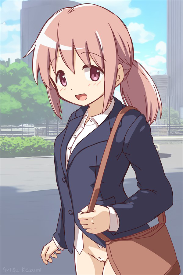 1girl arisu_kazumi bag bar_censor black_jacket blush bottomless breasts building bush censored cloud jacket kaname_madoka loli long_hair long_sleeves looking_at_viewer low_ponytail mahou_shoujo_madoka_magica mahou_shoujo_madoka_magica_(anime) office_lady open_mouth pink_eyes pink_hair ponytail pussy road shirt sky skyscraper small_breasts smile standing tree upper_body white_shirt