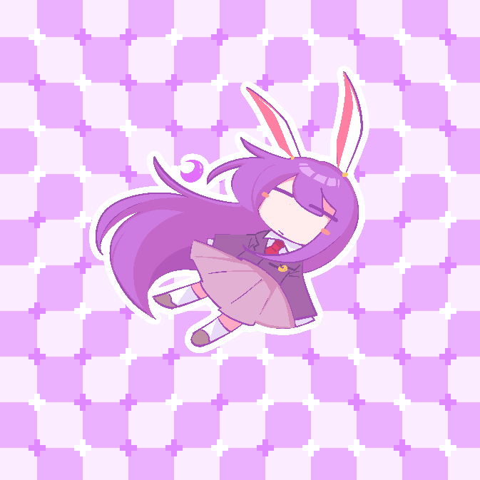 1girl absurdly_long_hair animal_ears blush_stickers chibi closed_eyes commentary crescent full_body jacket long_hair long_sleeves necktie optical_illusion primrose_field_illusion priswocaer purple_hair rabbit_ears rabbit_girl reisen_udongein_inaba skirt socks solo symbol-only_commentary touhou very_long_hair