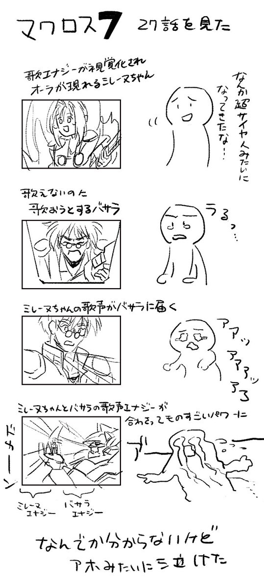 1boy 1girl check_translation commentary_comic energy_beam fire_valkyrie glasses guitar highres instrument macross macross_7 monochrome music mylene_jenius nekki_basara partially_translated sidelocks singing spiked_hair tears translation_request yumekijiiro