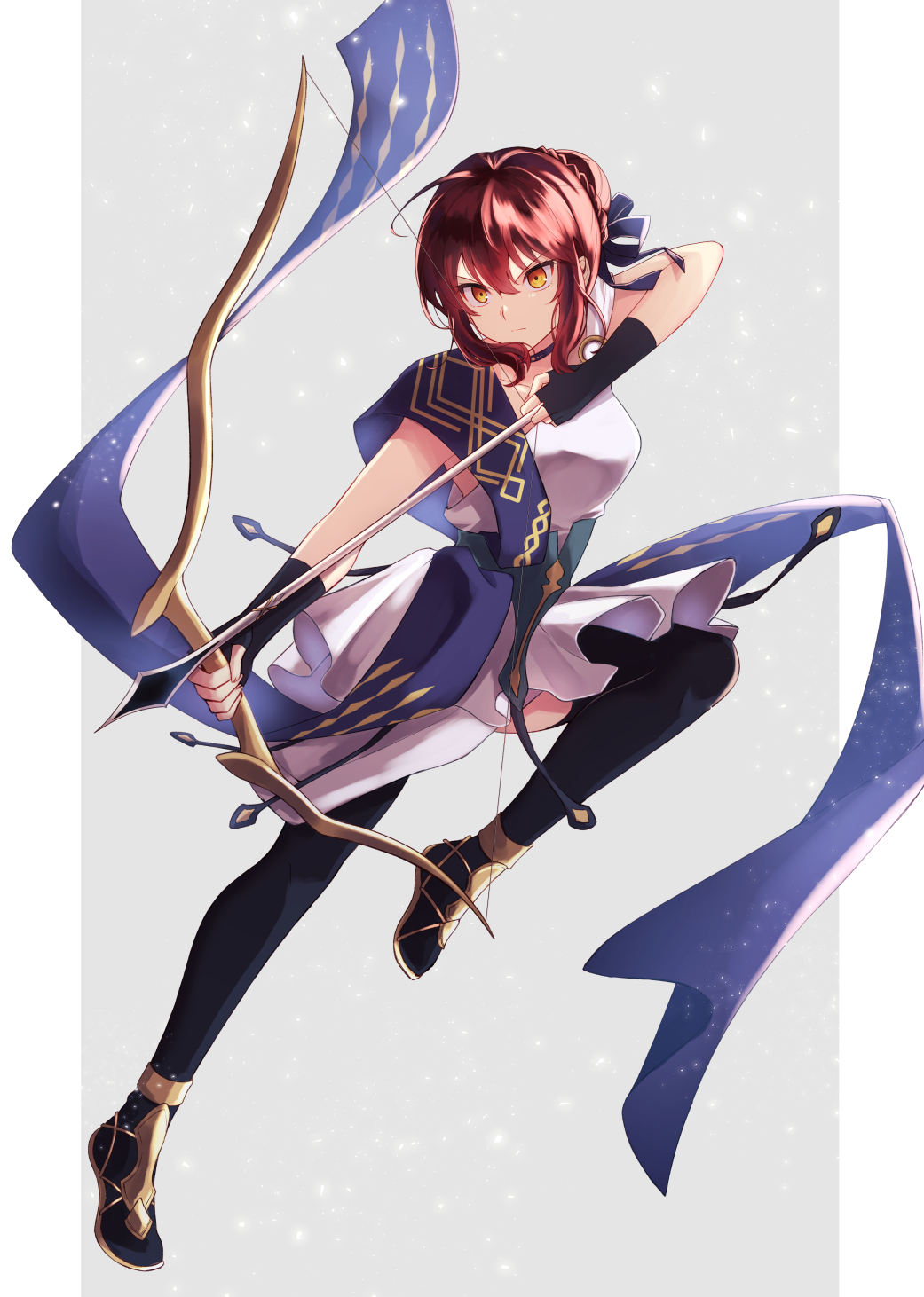 1girl ahoge arrow_(projectile) bow_(weapon) brown_eyes brown_hair choker fate/strange_fake fate_(series) fingerless_gloves gloves hair_bun highres hippolyta_(fate) itsumi_mita pale_rider_(fate) short_hair single_hair_bun solo two-tone_background weapon