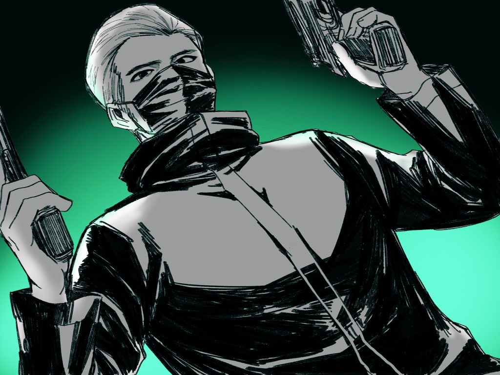 1boy black_background black_coat black_mask coat dual_wielding ff2rose from_below green_background greyscale greyscale_with_colored_background gun hair_slicked_back han_joon-gi handgun holding holding_gun holding_weapon mask monochrome ryuu_ga_gotoku_(series) ryuu_ga_gotoku_7 short_hair upper_body weapon white_hair