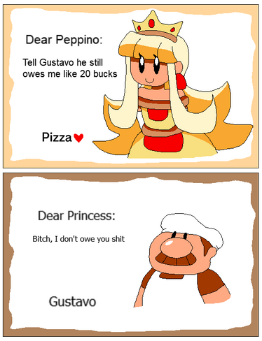 1boy 1girl black_eyes blonde_hair brown_hair chef chef_hat crown dress english_text facial_hair flat_chest gustavo_(pizza_tower) hat insult letter long_hair lowres mature_male mcpig_(style) muscular mustache original pizza_princess_(tinytoxicwaste101) pizza_tower plump princess profanity standing tinytoxicwaste101 toon_(style)