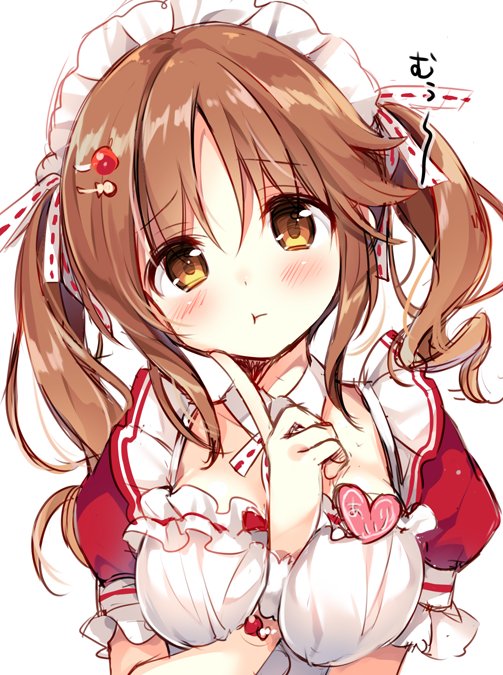 1girl :t arm_between_breasts between_breasts blush bow bracelet breasts brown_eyes brown_hair character_name collar collarbone detached_collar dot_nose dress hair_bow hair_ornament hair_ribbon hairclip hand_up idolmaster idolmaster_cinderella_girls idolmaster_cinderella_girls_starlight_stage index_finger_raised jewelry large_breasts long_hair looking_at_viewer name_tag puffy_short_sleeves puffy_sleeves red_dress ribbon short_sleeves simple_background solo suimya totoki_airi twintails upper_body white_background white_collar white_headdress white_ribbon white_wrist_cuffs wrist_cuffs