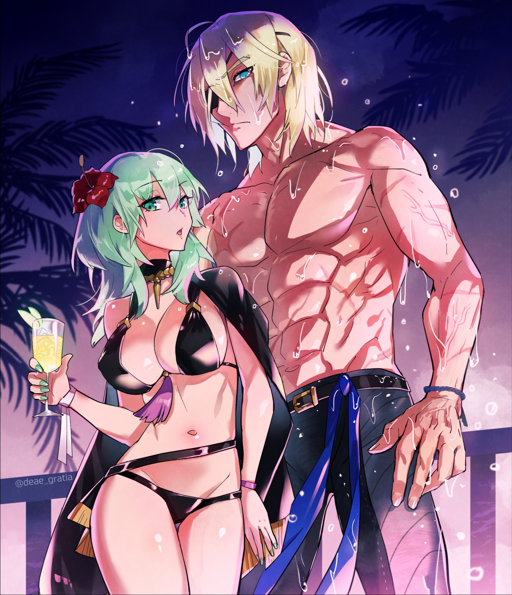 1boy 1girl belt bikini black_belt black_bikini black_cape black_pants blonde_hair breasts cape cleavage closed_mouth covered_erect_nipples cup dimitri_alexandre_blaiddyd dimitri_alexandre_blaiddyd_(timeskip) eyepatch female_byleth_(awakened)_(fire_emblem) female_byleth_(fire_emblem) female_byleth_(summer)_(fire_emblem) fire_emblem fire_emblem:_three_houses fire_emblem_heroes flower green_eyes green_hair hair_flower hair_ornament hibiscus holding holding_cup large_breasts long_hair looking_at_viewer muscular muscular_male navel nintendo official_alternate_costume palm_leaf pants pectorals red_flower short_hair sideboob stomach swimsuit thighs topless_male wet yomos_gara