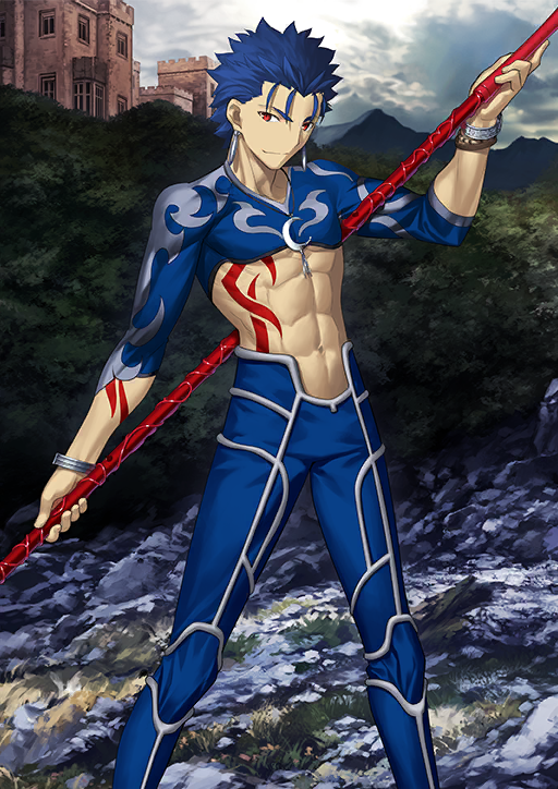 1boy abs arm_tattoo bangle blue_hair blue_pants bracelet castle chest_tattoo closed_mouth cloud cloudy_sky crop_top cu_chulainn_(fate) cu_chulainn_(fate/stay_night) earrings fate/grand_order fate_(series) feet_out_of_frame gae_bolg_(fate) hair_slicked_back holding holding_behind_back holding_polearm holding_weapon holding_weapon_behind_back jewelry legs_apart looking_at_viewer male_focus official_art outdoors pants pendant polearm red_eyes second-party_edit short_hair sky smile solo spiked_hair standing takeuchi_takashi tattoo third-party_source three-quarter_sleeves toned toned_male underpec v-neck v-shaped_eyebrows weapon