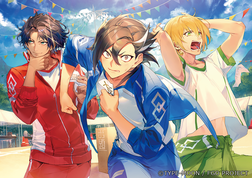3boys ahoge alternate_costume bishounen black_hair blonde_hair blue_eyes blue_jacket blue_pants cowboy_shot earrings fate/grand_order fate_(series) gold_earrings gradient_hair green_eyes grey_eyes hair_between_eyes hair_slicked_back hair_strand jacket jason_(fate) jewelry kodama_(wa-ka-me) looking_at_viewer male_focus mandricardo_(fate) midriff_peek multicolored_hair multiple_boys one_eye_closed open_clothes open_jacket own_hands_together pants parted_bangs red_jacket red_pants shirt short_hair simple_background sleeves_rolled_up streaked_hair stretching swept_bangs track_jacket track_pants white_hair white_shirt