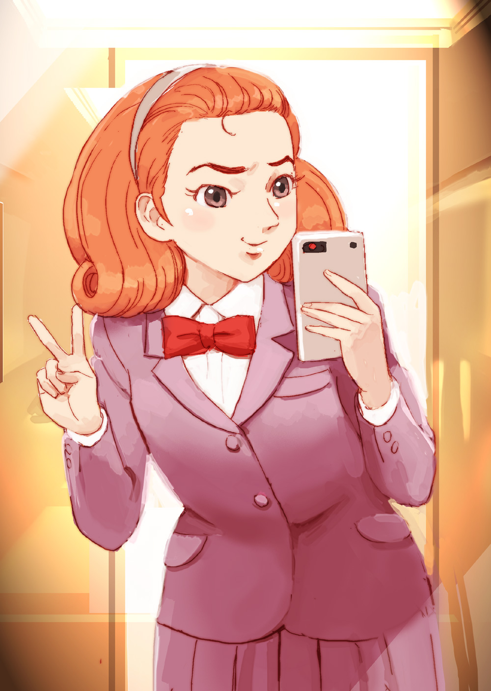 1960s_(style) 1girl attack_no_1 bad_id bad_pixiv_id cellphone closed_mouth commentary_request coupy_pencil_(medium) female_focus forehead hayakawa_midori highres lafolie long_hair mirror oldschool phone reflection retro_artstyle selfie skirt smile solo taking_picture tms_entertainment v