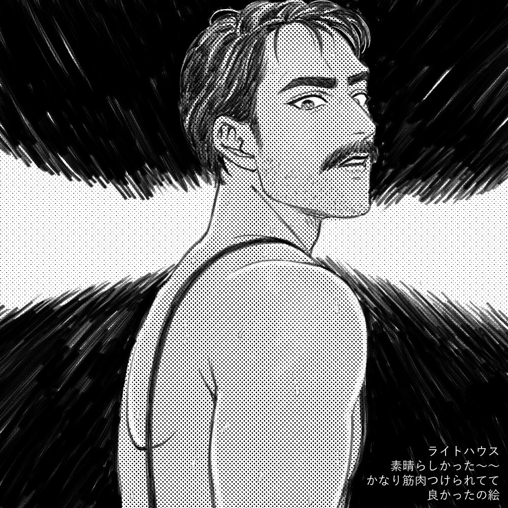 1boy commentary_request facial_hair from_side hage_tashuumi male_focus mustache naked_suspenders shoulder_blades solo stubble suspenders sweat the_lighthouse thomas_howard translation_request