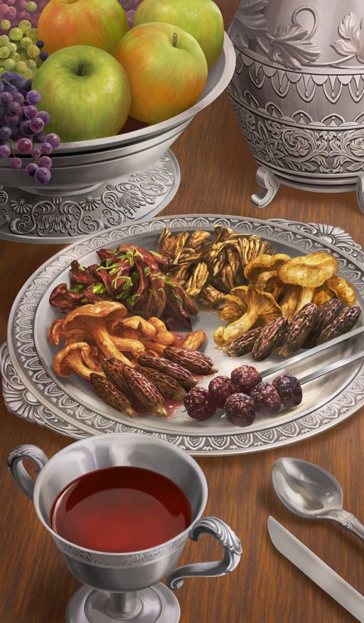 apple chalice commentary cup drink fate/grand_order fate_(series) food food_focus food_request fruit fruit_bowl grapes knife lasengle mushroom no_humans official_art plate skewer spoon still_life third-party_source
