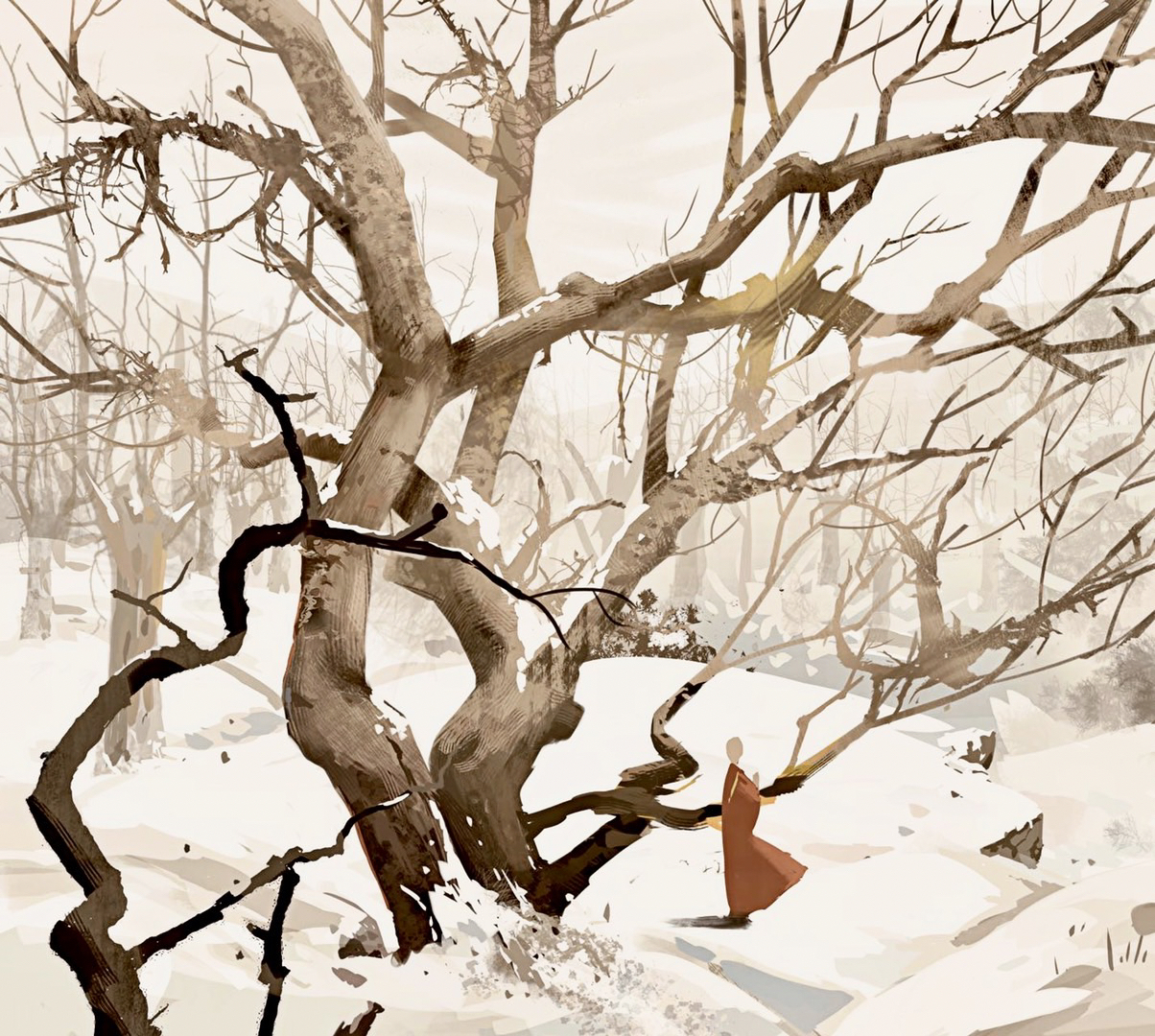 1boy bare_tree blue_hanfu chinese_clothes chinese_commentary commentary_request faceless faceless_male forest full_body hanfu hill landscape long_sleeves nature original sky snow sun sunrise tree watermark white_sky wide_shot wide_sleeves wind winter youlizi-yuri