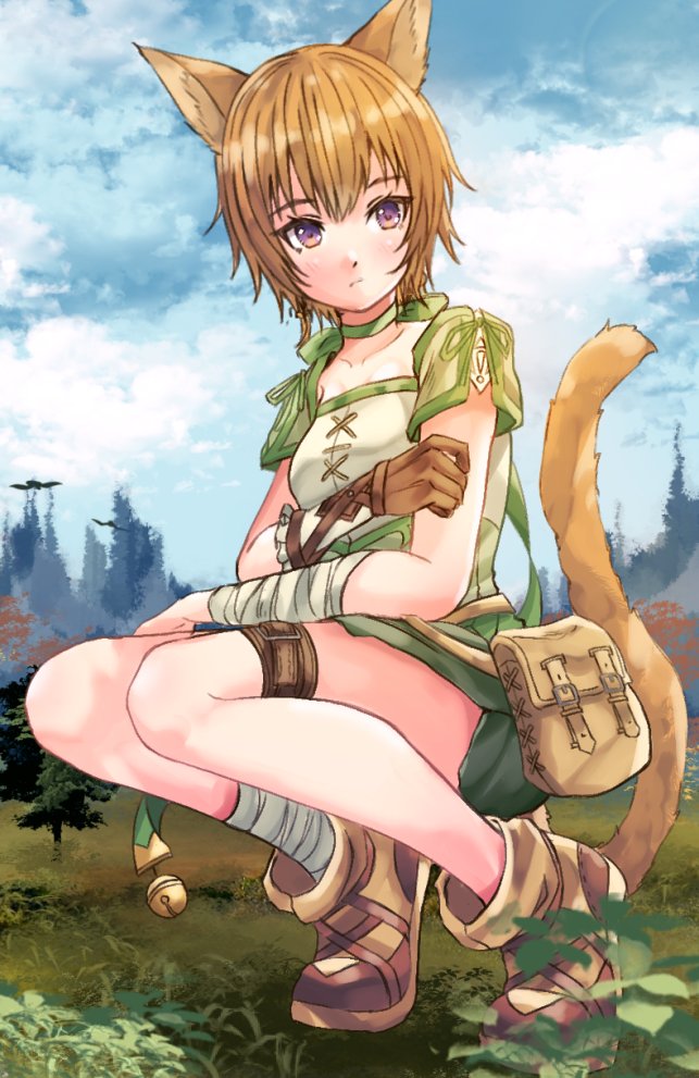 1girl animal_ears ankle_wrap bell belt brown_belt cat_ears cat_girl cat_tail choker closed_mouth fire_emblem fire_emblem:_path_of_radiance fire_emblem:_radiant_dawn fuussu_(21-kazin) gloves green_choker green_shorts lethe_(fire_emblem) nintendo orange_hair orange_tail pouch purple_eyes shorts side_slit side_slit_shorts single_glove solo squatting tail thigh_belt thigh_strap wrist_wrap