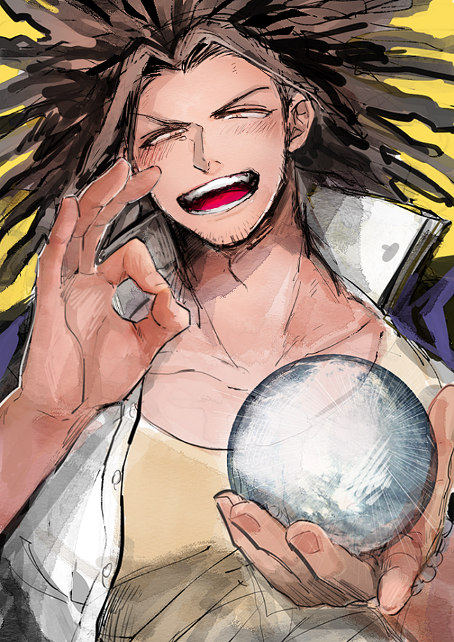 1boy arm_up blush brown_hair coat collared_coat commentary_request crew_neck crystal_ball danganronpa:_trigger_happy_havoc danganronpa_(series) hagakure_yasuhiro holding joonoyuki male_focus ok_sign open_clothes open_coat open_mouth popped_collar shirt simple_background solo teeth tongue upper_body yellow_background yellow_eyes yellow_shirt