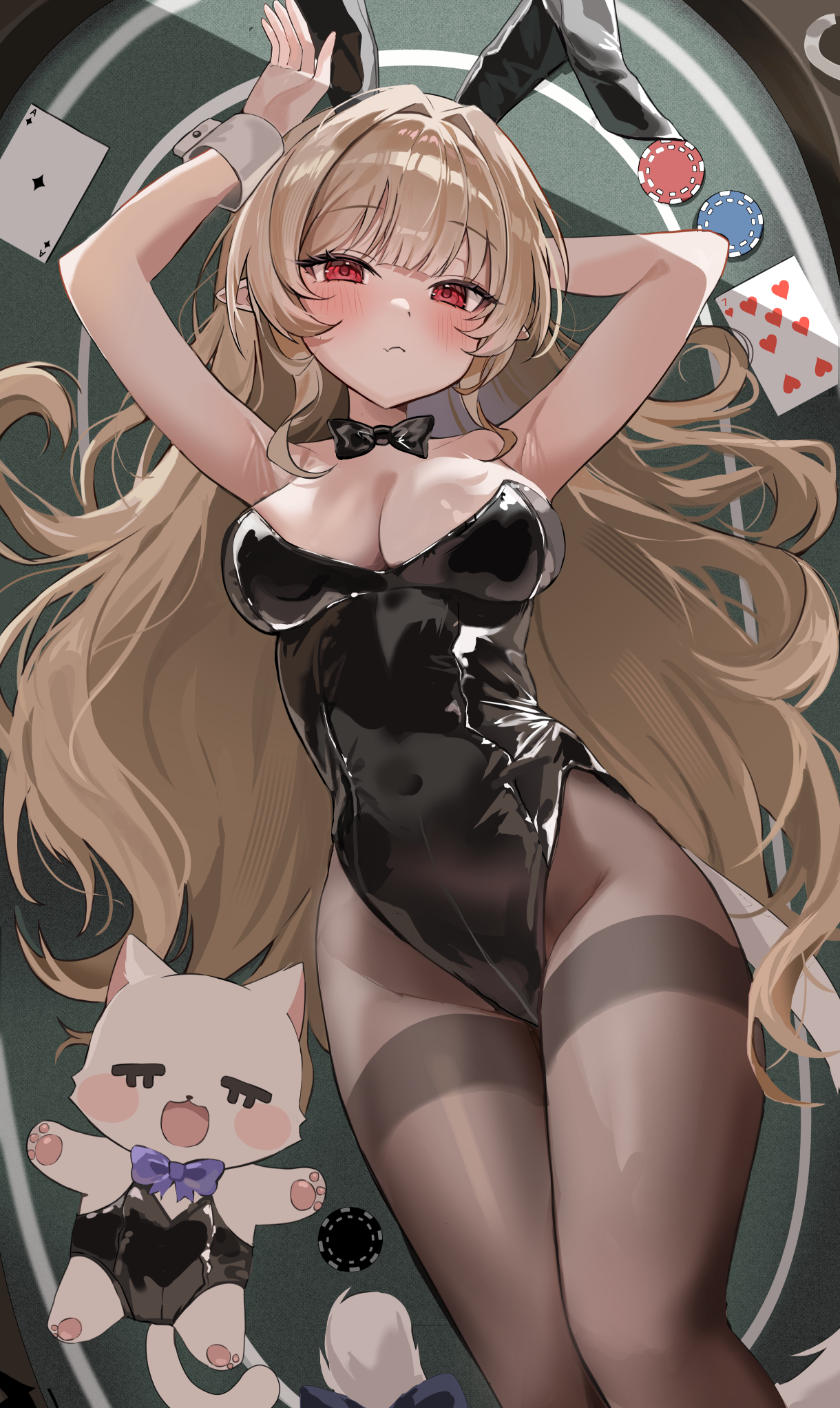 1girl animal_ears armpits arms_up bare_shoulders black_leotard bow bowtie breasts brown_pantyhose card cleavage commentary_request commission covered_navel fake_animal_ears highleg highleg_leotard highres korean_commentary lds_(dstwins97) leotard lying medium_breasts on_back original pantyhose playboy_bunny playing_card poker_chip poker_table rabbit_ears second-party_source solo strapless strapless_leotard table thighband_pantyhose