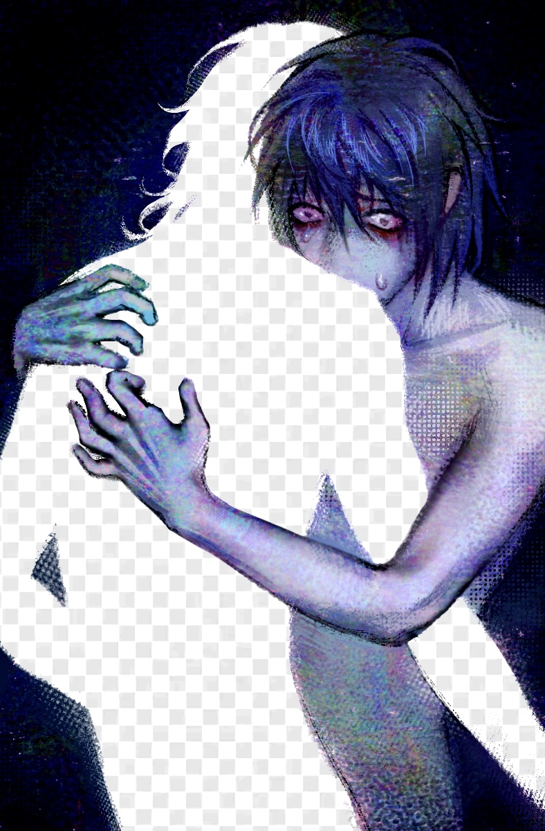 1boy 1other bags_under_eyes black_eyes bloodshot_eyes blue_hair blue_theme convenient_censoring crazy_eyes distortion glitch hair_between_eyes hand_on_another&#039;s_back heroine_(homicipher) highres homicipher hug invisible_man mr._crawling nude short_hair silhouette squalid114617 sweatdrop transparent_background upper_body