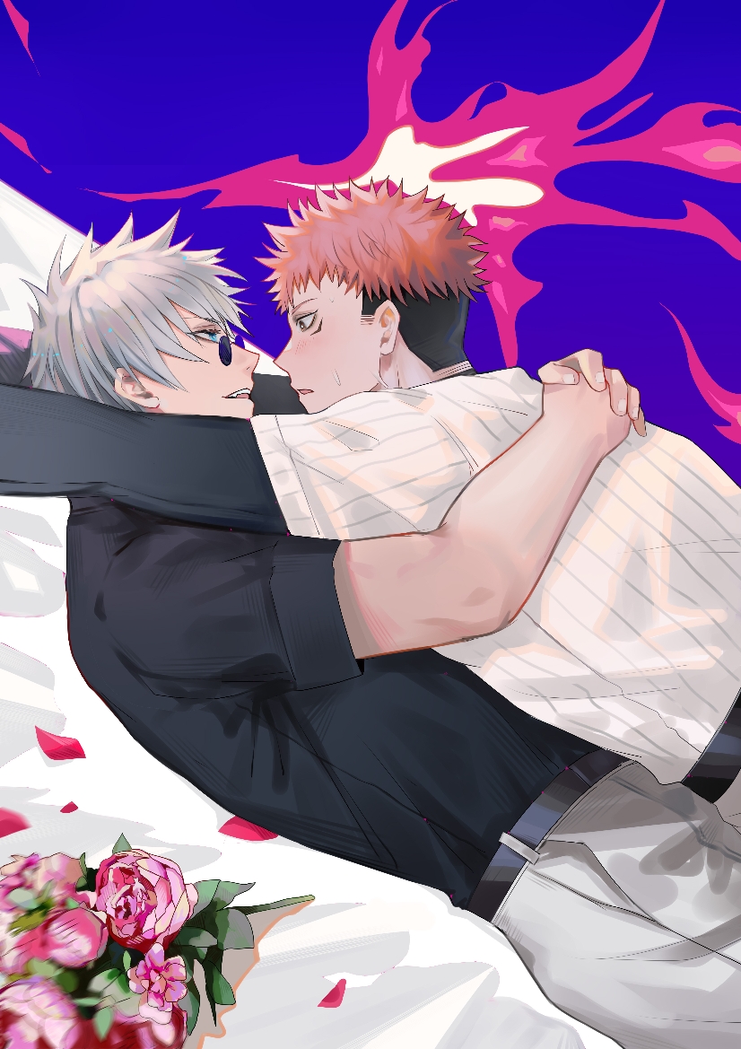 2boys black_shirt doufujintianxianle flower from_side gojou_satoru itadori_yuuji jujutsu_kaisen looking_at_another male_focus multiple_boys open_mouth pink_flower pink_rose rose shirt short_hair short_sleeves sideburns sunglasses undercut white_hair yaoi