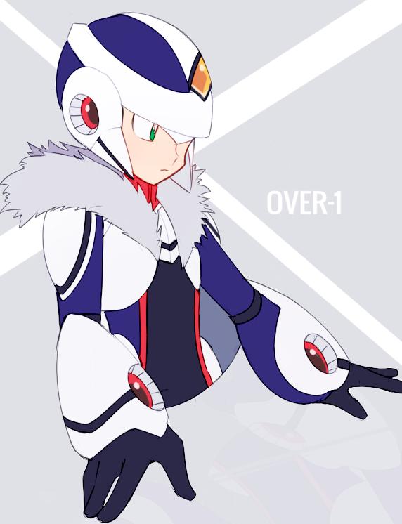 1boy android character_name cropped_torso expressionless fur_collar green_eyes grey_background helmet male_focus over-1_(mega_man) mega_man_(series) rockman_xover simple_background solo x