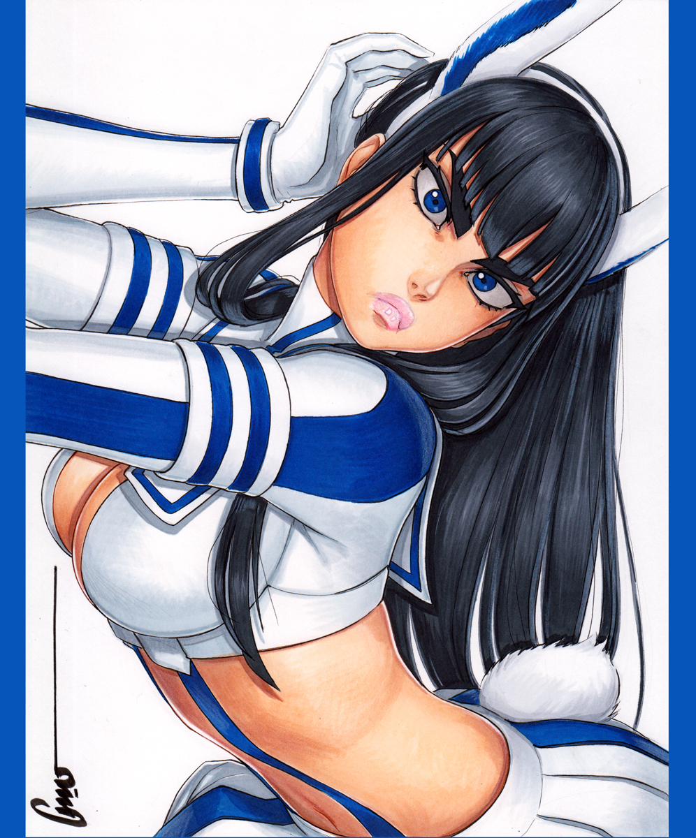 1girl animal_ears black_eyeliner black_hair blue_eyes breasts cleavage eyeliner fake_animal_ears highres kill_la_kill kiryuuin_satsuki long_hair makeup midriff navel nose omar_dogan pink_lips revealing_clothes signature simple_background solo thick_eyebrows thick_lips white_background