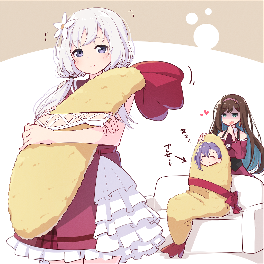 3girls =_= arrow_(symbol) assault_lily asymmetrical_bangs blush brown_background brown_hair brown_necktie closed_eyes closed_mouth colored_inner_hair commentary_request couch detached_collar detached_sleeves dress earrings elbow_gloves flower flying_sweatdrops food food-themed_pillow food_costume frilled_skirt frilled_sleeves frills gloves green_eyes grey_hair hair_between_eyes hair_flower hair_ornament hairband half-closed_eyes hand_on_another&#039;s_head hand_to_own_mouth hands_up heart high-waist_skirt honma_akehi hugging_object ishizuka_fujino jewelry kanba_girls_high_school_uniform lace-up_gloves long_hair long_sleeves low_twintails miniskirt morugen multicolored_hair multiple_girls necktie on_couch open_mouth pillow pillow_hug pink_hairband purple_eyes purple_hair red_dress red_shirt red_skirt ring school_uniform serafuku shaded_face shiozaki_suzume shirt short_necktie shrimp shrimp_tempura single_earring single_elbow_glove sitting skirt sleeping sleeping_upright sleeveless sleeveless_dress sleeveless_shirt smile standing tempura translated twintails two-tone_background two-tone_hair underbust white_background white_flower white_gloves zzz